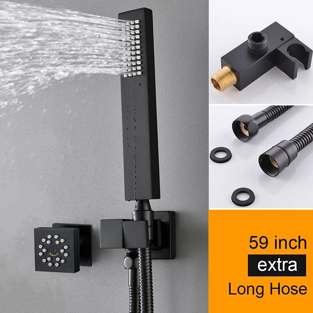 Sistema de Duche preto mate, cabeça de chuva LED quadrada de 12 polegadas Com multi-jatos Spray portáteis e de corpo - latão termostático A válvula pode usar todo o kit de chuva ao mesmo tempo