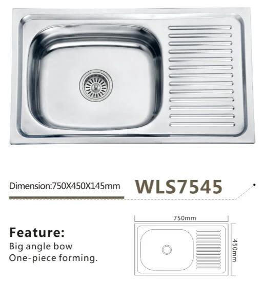 Walnut 304/201 Kitchen Sink Bathroom Basin Pipes Unique Drainboard Stainless Steel Single Bowl Big Angle Sink Wls7545 Kitchenware