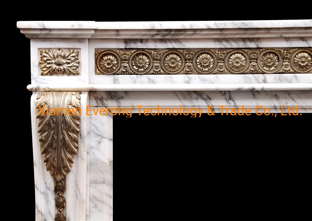 High-End White Marble Fireplace Mantel with Bronzer Flower Sculpture