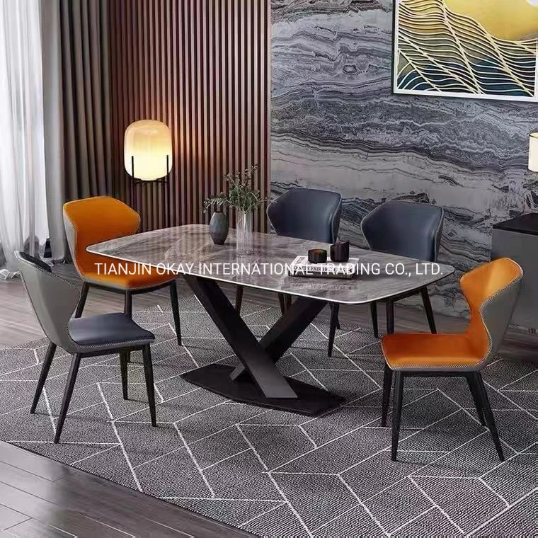 Modern Contemporary Nordic Stainless Steel Rectangular Ceramic Marble Top Dining Room Table Mesas Sets Furniture with Chairs