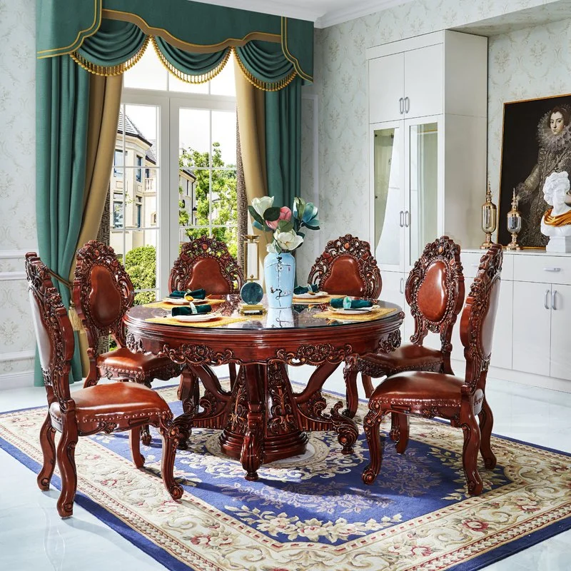 Dining Room Furniture Wood Carved Round Dinner Table with Dining Sofa Chairs in Optional Furnitures Color