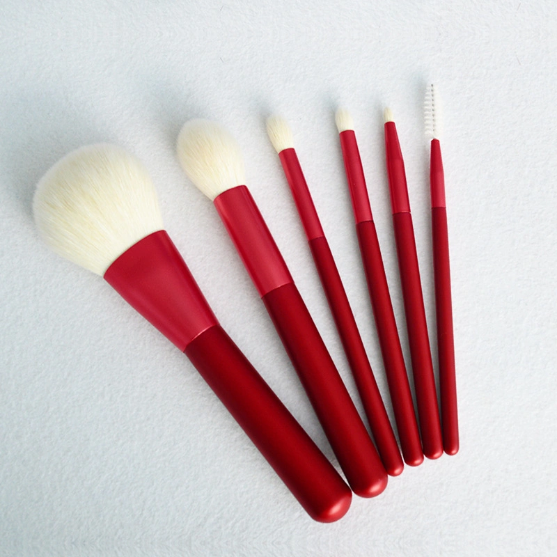 China Supplier Gift Brushes Goat Hair 6PCS Red Wood Handle Professional Makeup Brush Set with Cloth Brush Pouch