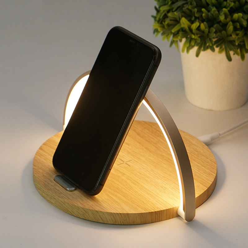 Creative Round Mobile Phone Wireless Charger Small Table Lamp with Bracket