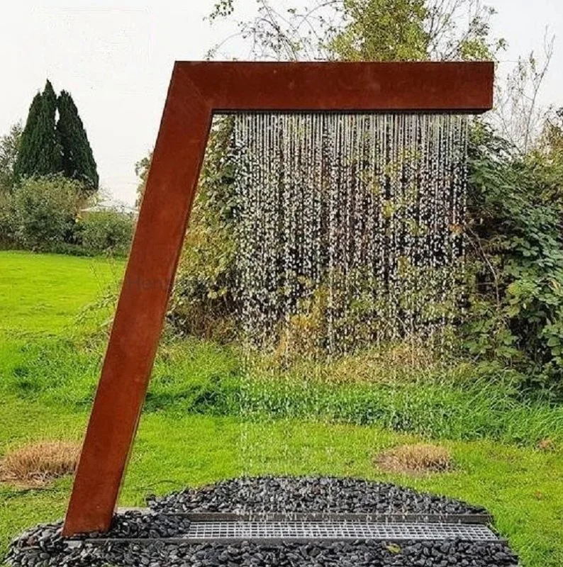 Garden Rain Shower Fountain L-Shaped Corten Steel Rain Curtain Water Features