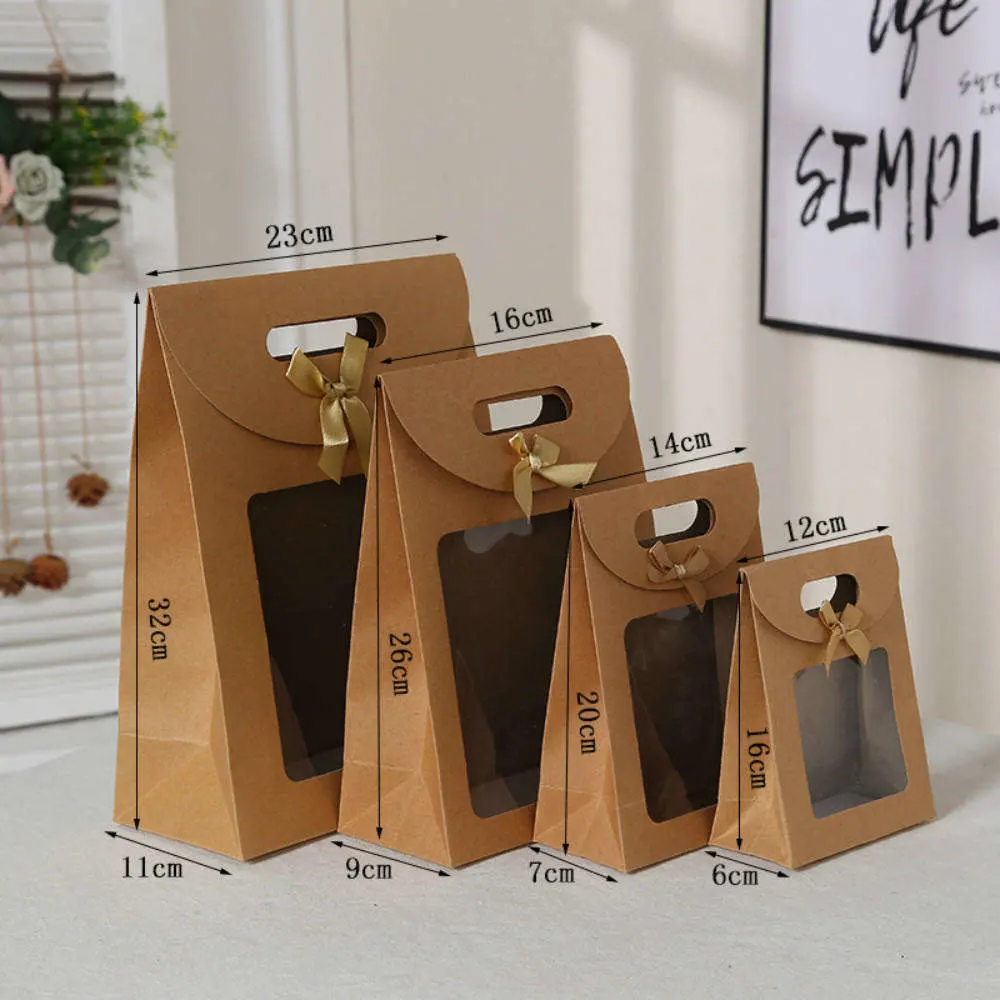 Christmas Wine Wedding Bags Kraft Paper Portable Transparent Gift PVC Clear Window Packaging Bags for Small Business