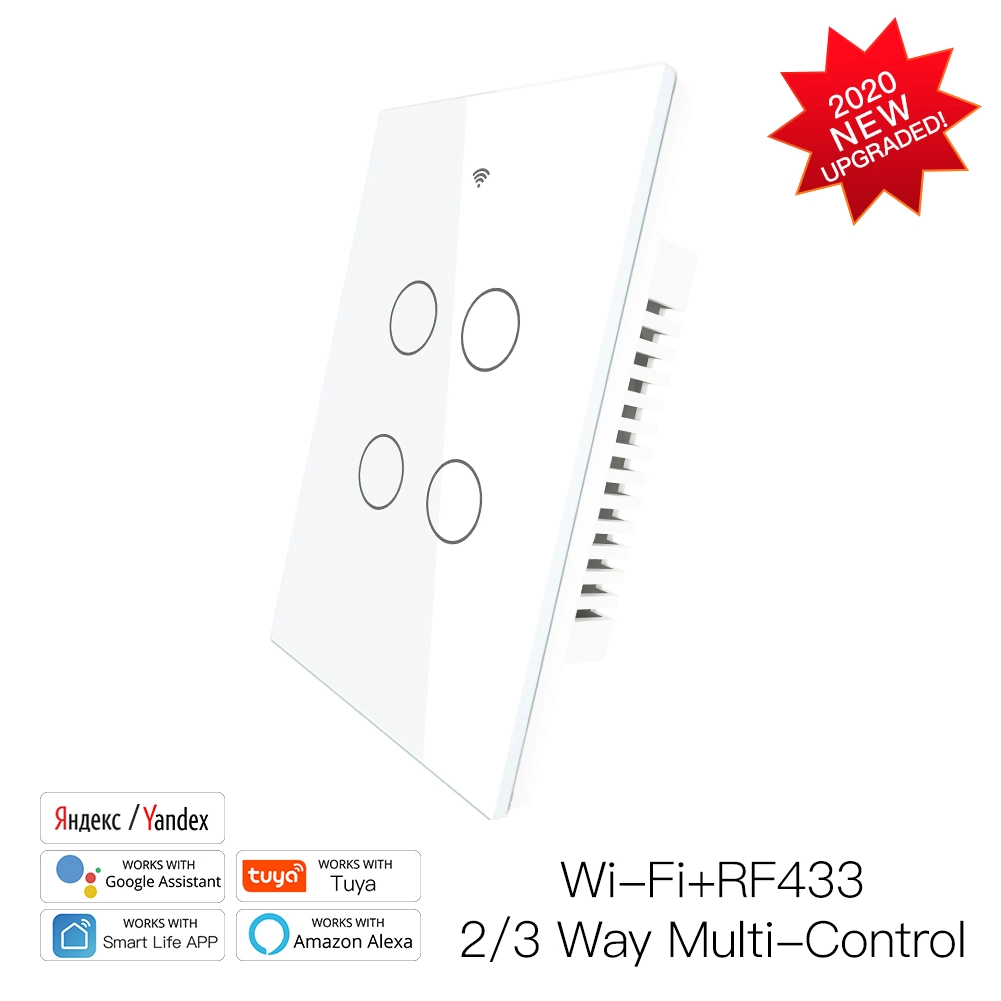 4 Gang WiFi RF Smart Switch Live+Neutral Wire Wireless Remote Control Smart Smarlife Tuya APP Voice Control Alexa Google Home, Muilti-Control 2/3 Way Associate