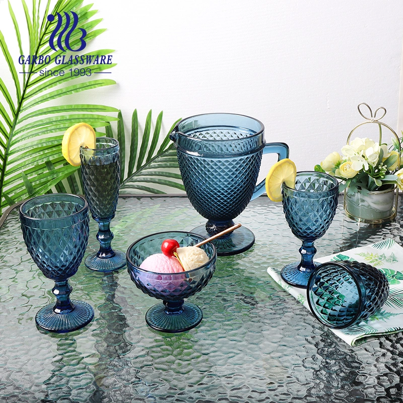 South American Russia Spain Hot Selling Solid Glass Stemware Blue Colored Champagne Glass Diamond Engraved Glass Cup Drinking Tabeware