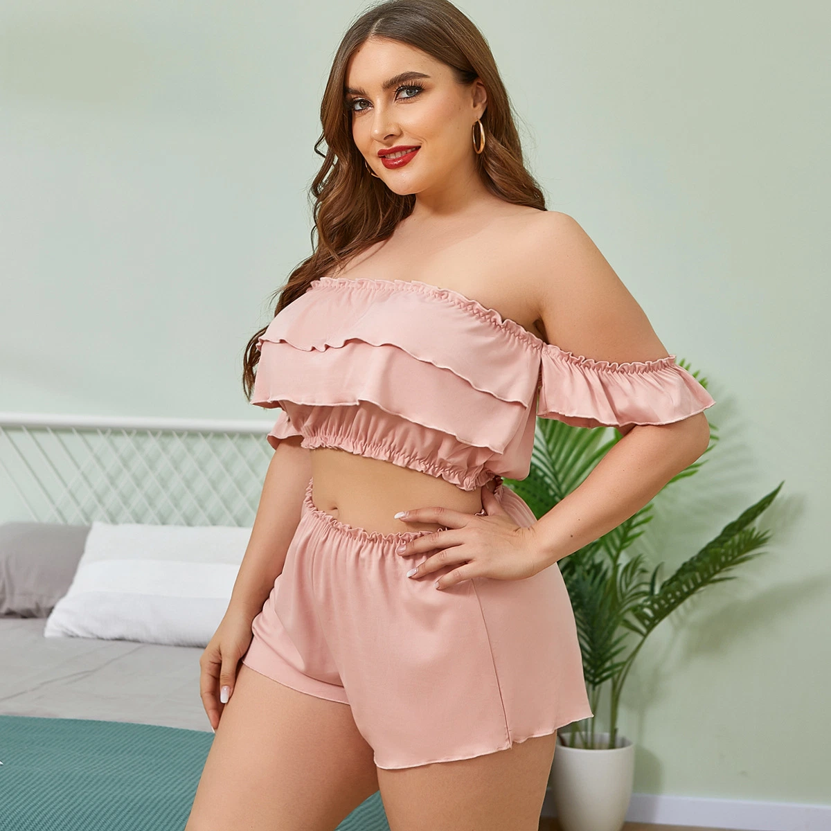 Rosa de dos piezas volantes lencería Bra Set Plus Size