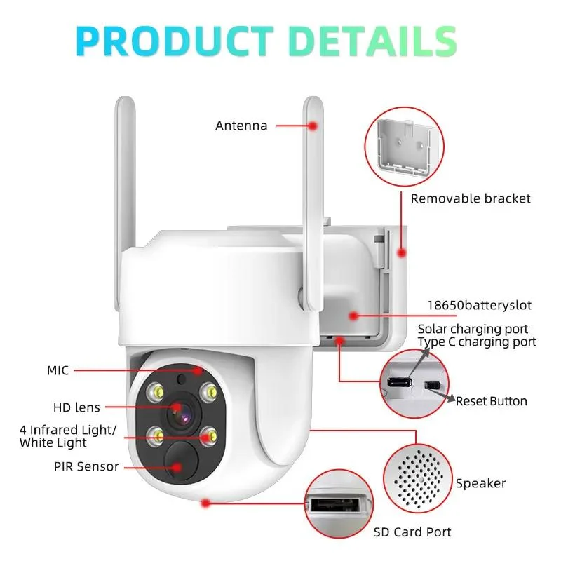 Cámara IP CCTV inalámbrica domo PTZ con batería Seguridad doméstica Cámaras solares WiFi con visión nocturna en color