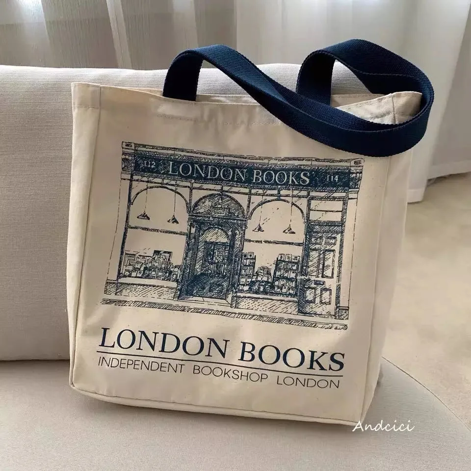 Tote Bag Women Canvas Shoulder Bag London Books Print Ladies Casual Handbag Tote Bag Reusable Large Capacity Cotton Shopping Beach Tote Bag