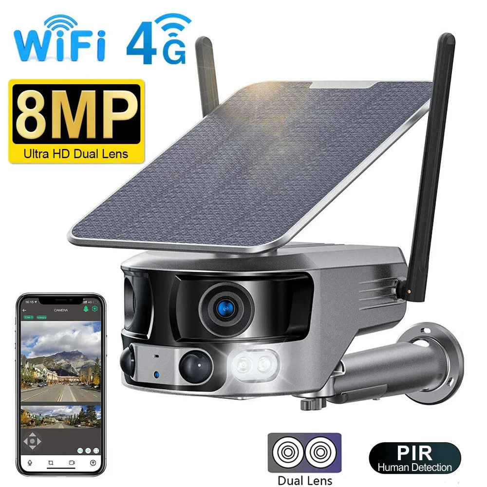 4K WiFi/4G Solar IP Security Camera Outdoor Wireless Fisheye Dual Lens 180 Paranomic PIR Two-Way Audio Network Surveillance CCTV Camera