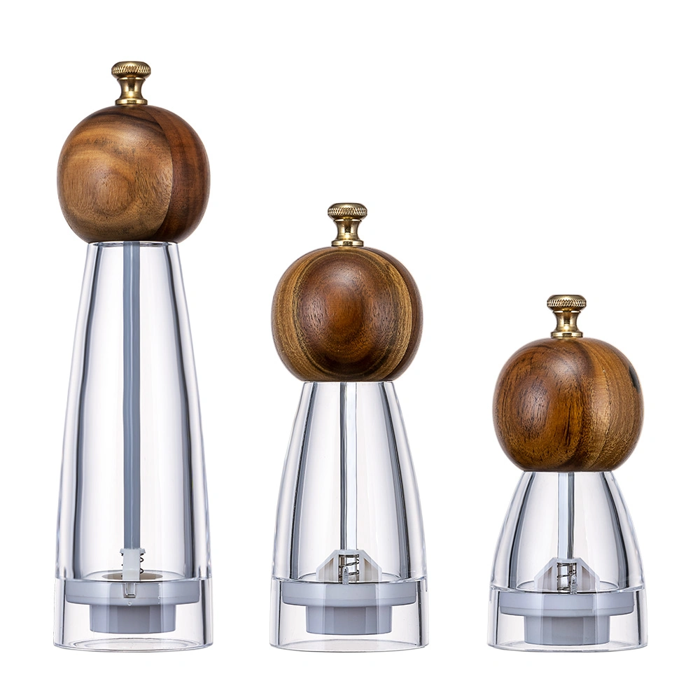 Manual Acrylic Salt Grinder Transparent Plastic Pepper Mill with Adjustable Acacia Wood Top Cap