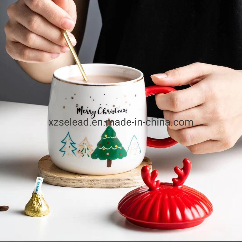 Weihnachten Emaille Paar Becher Geschenk-Set Kaffee Tassen Weiß Rentier Tassen Sublimation Keramik Weihnachtsgeschenk Custom Printed Keramik