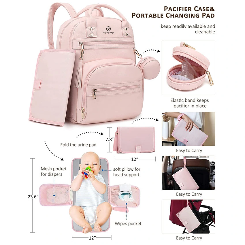 Leather Baby Diaper Backpack with Portable Travel Changing Pad Bag