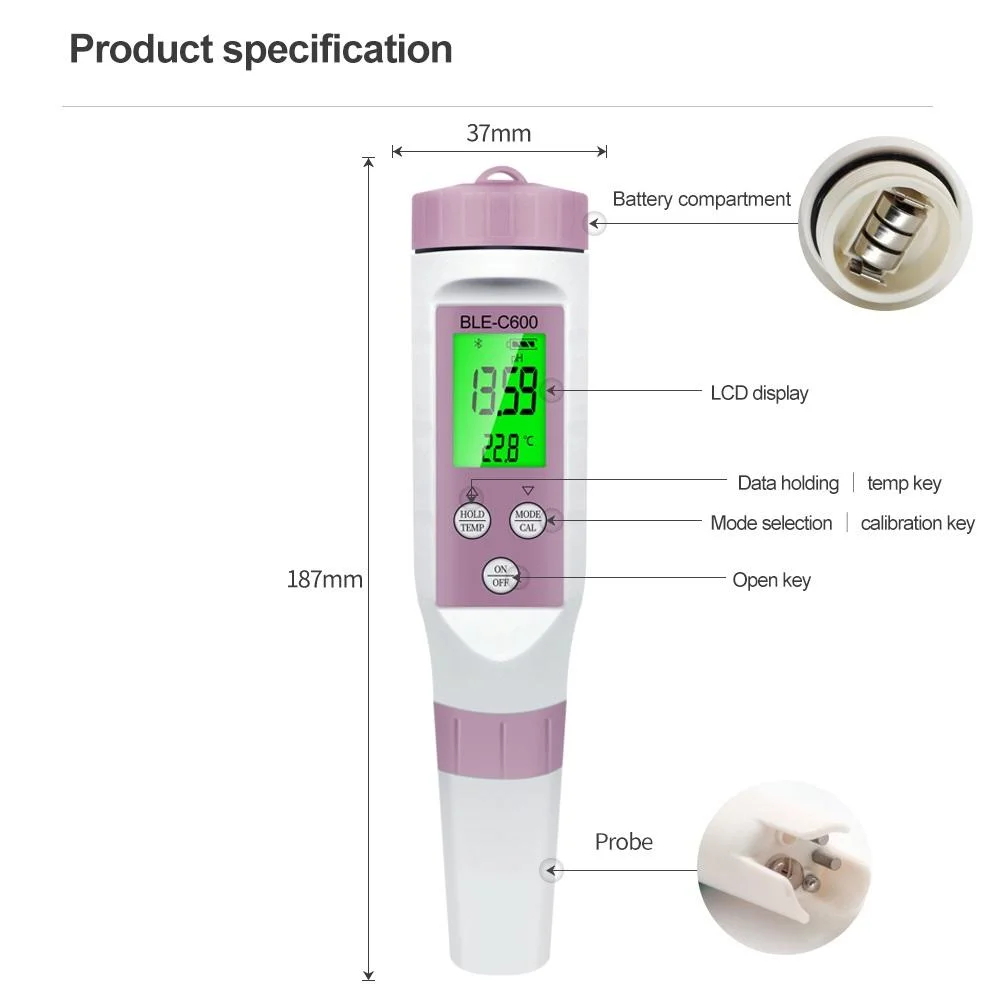 Bluetooth Water Quality Tester 7 in 1 pH TDS Ec ORP Salinity S. G Temperature pH Meter