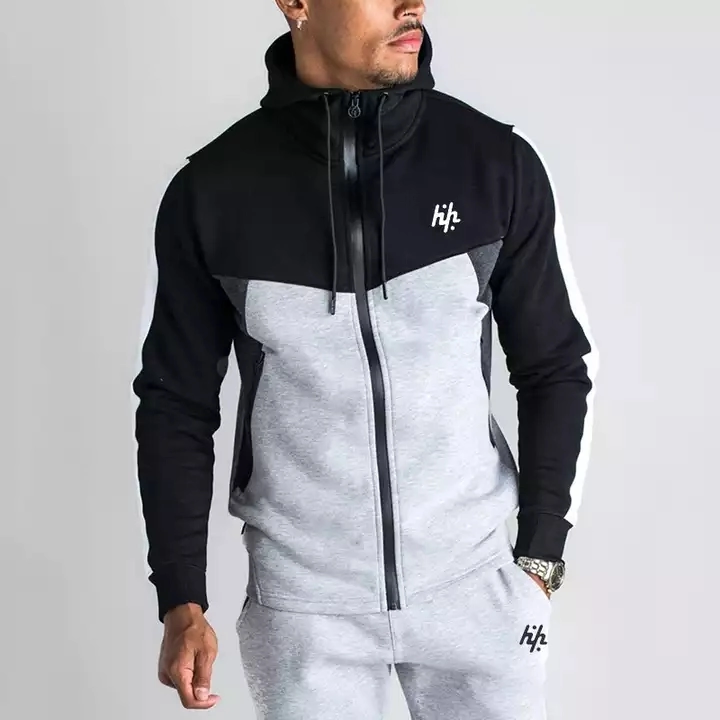 Logotipo personalizado Heather Chándal Sweatsuit gris de los hombres negros Personalizar traje para correr