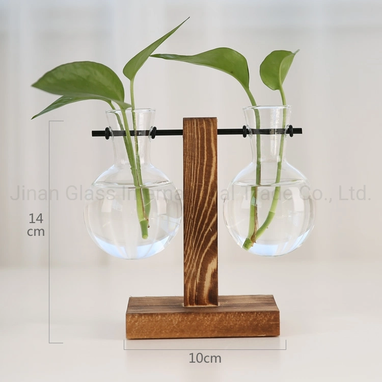 Indoor Plant Terrarium with Wooden Stand Air Planter Bulb Glass Vase Metal Swivel Holder Retro Tabletop for Home Decoration