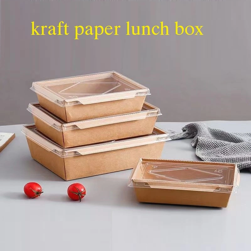 Eco-Friendly Kraft Paper Lunch Box with Plastic Lid for Food Packing