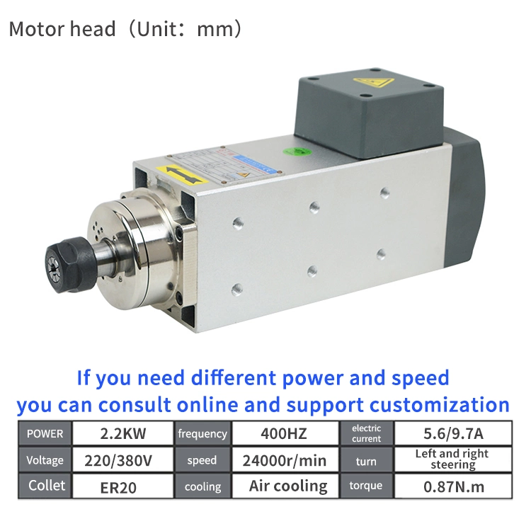 Air Cooling Square Shape CNC Motor Spindle Three-Phase 2.2kw 3.5kw 4.5kw 6kw 7.5kw Er20 400Hz 24000rpm Milling Spindle Motor