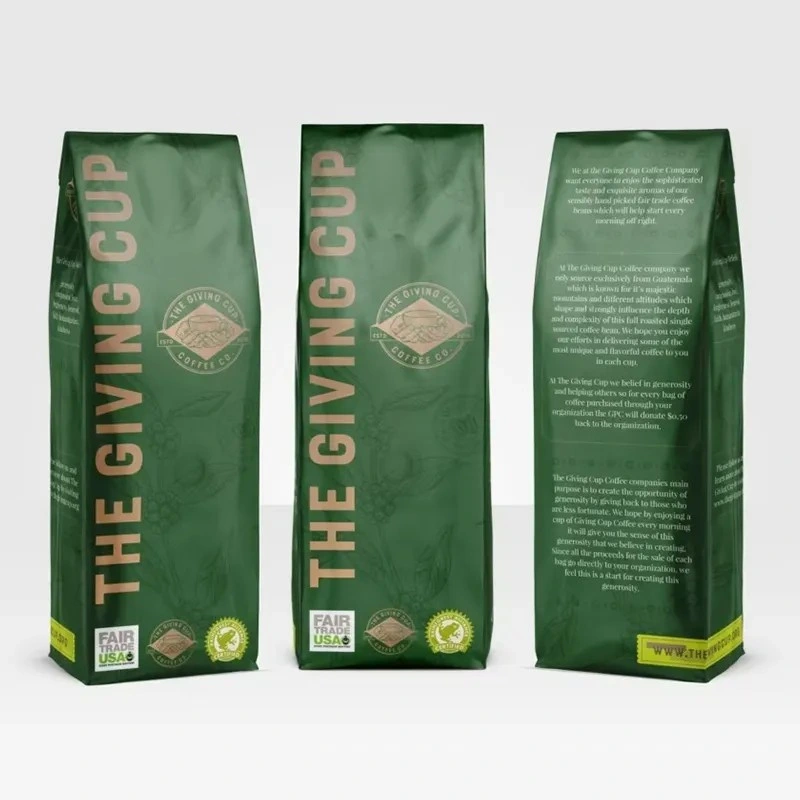 Custom Printed Eco Friendly Aluminum Foil Stand up Coffee Bean Packaging Pouch Tin Tie Valve Side Gusset Olive Green Coffee Bags