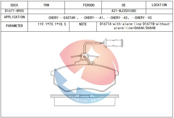 Sdcx D1671-8900/230100009/443398151f/443698151A/443698151c Brake Pad for Hongqi/Man /Arion