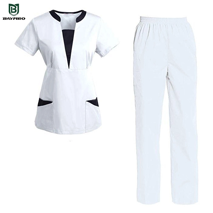 High Quality White Polyester Short Sleeves Medical Clothes Uniforms Hospital Nurse Scrubs