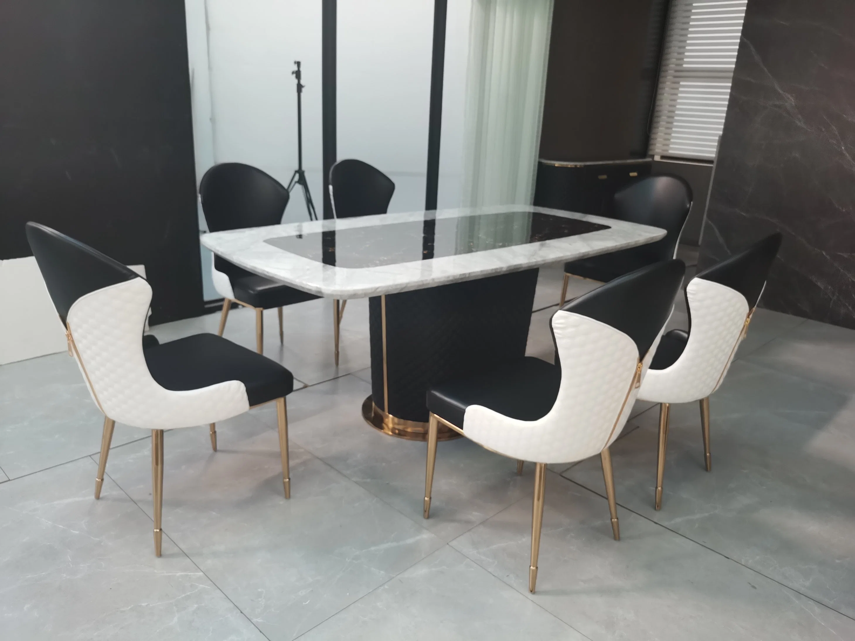 Leather Mix with Stainless Steel Table Base Marble Top Dining Table