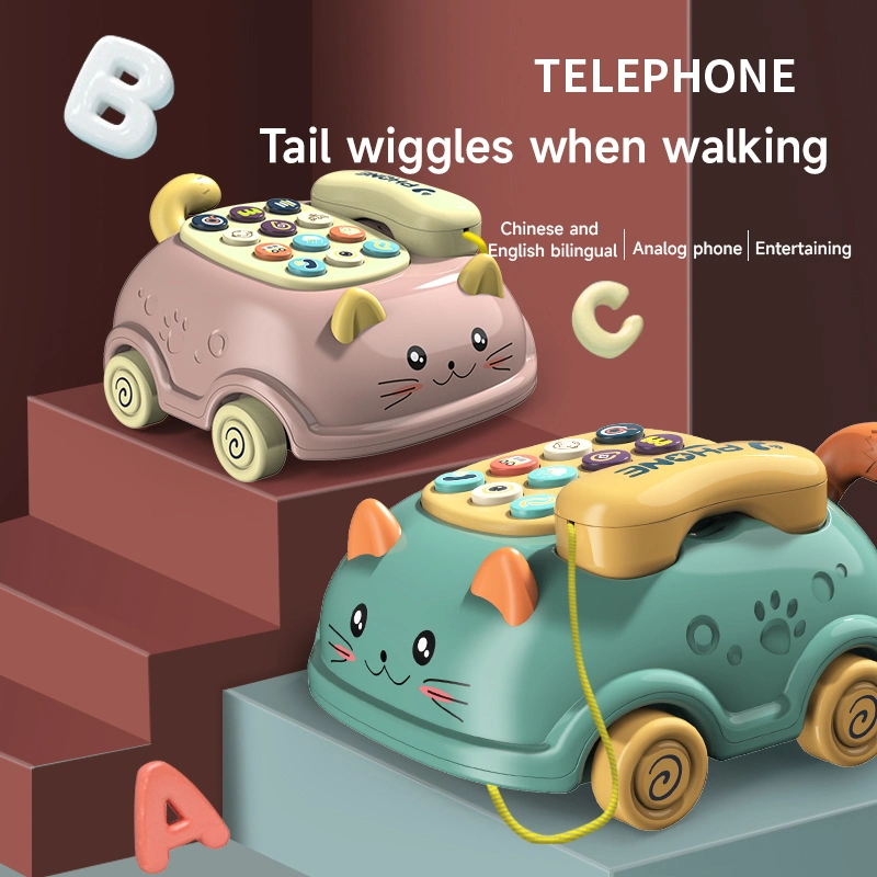 Multifunctional Kids Chinese and English Bilingual Learning Phone Toy Baby Early Educational Pull Line Light Music Toy Telephone