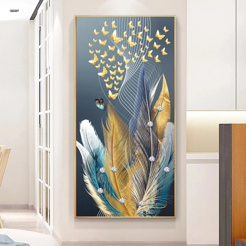 Factory Custom Gold Feather Canvas Painting Feather Leaf Wall Art Posters and Prints Wall Art