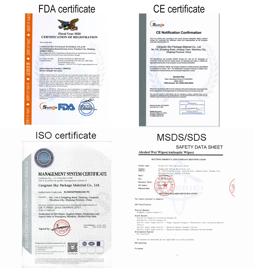 La FDA/CE/BSCI antibacteriano Certificado de desinfección de barrido de tejido húmedo desinfectante Toallas Limpieza de la piel humana Uso avanzado 75% de alcohol de desinfección de la mano toallitas