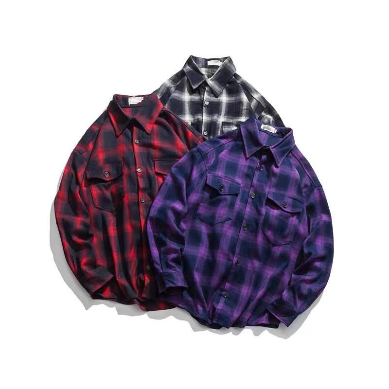 Custom 100% Cotton Heavyweight Retro Vintage Spring Autumn Winter Long Sleeve Purple Plaid Flannel Shirt for Men