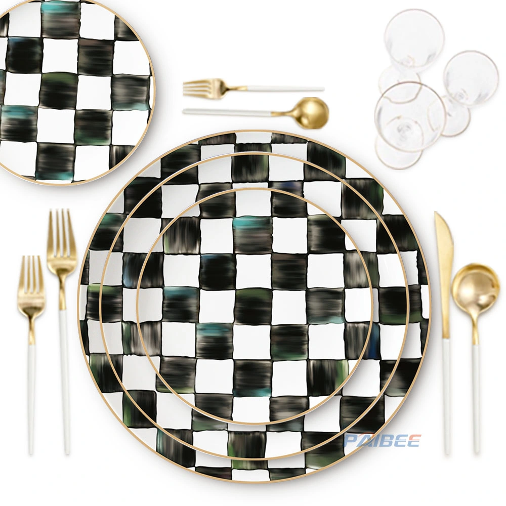 White and Black Square Pattern Ceramic Plate Set Bone China Dish Set Tableware for Wedding