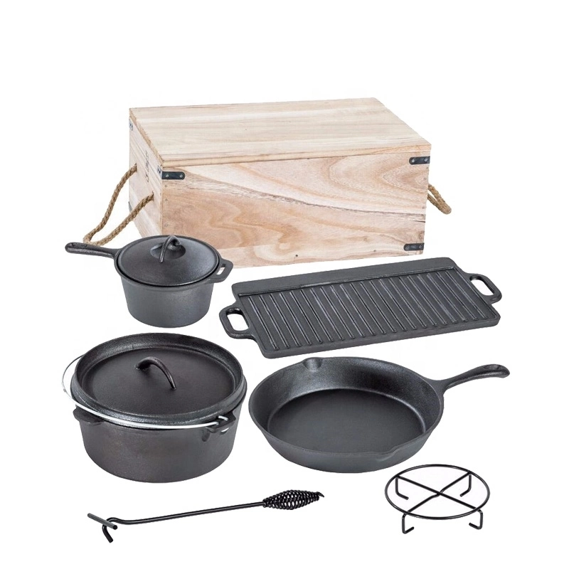 7pcs Pan &amp; Camping Pot BBQ Set de ollas de hierro fundido