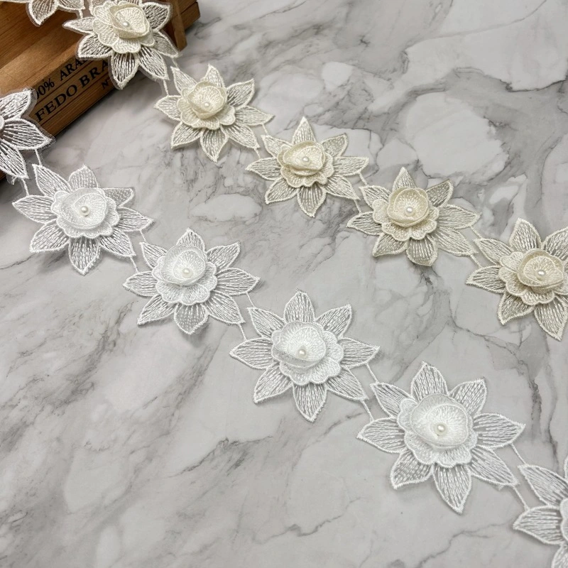 Factory Customized Floral 3D Flower Pearl Beaded Embroidery Lace Trim for Embellishment Dress