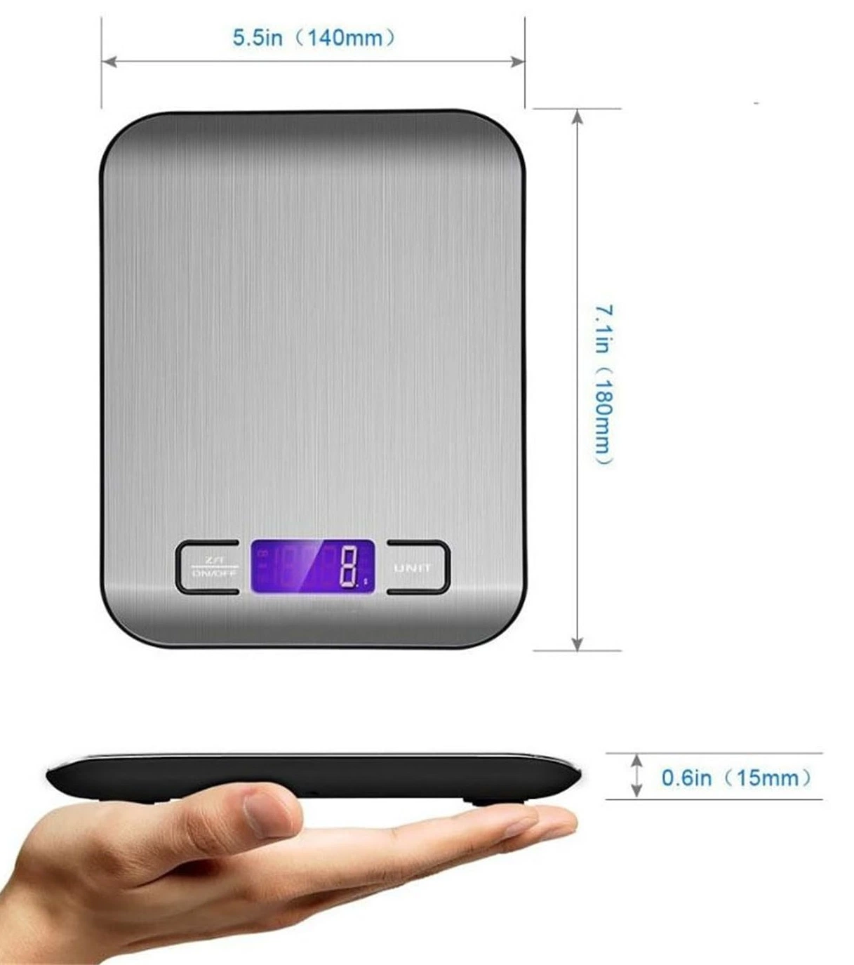 Báscula digital de cocina, acero inoxidable, pantalla LCD, báscula alimentaria 6 unidades de medida, 11lbs/5kg