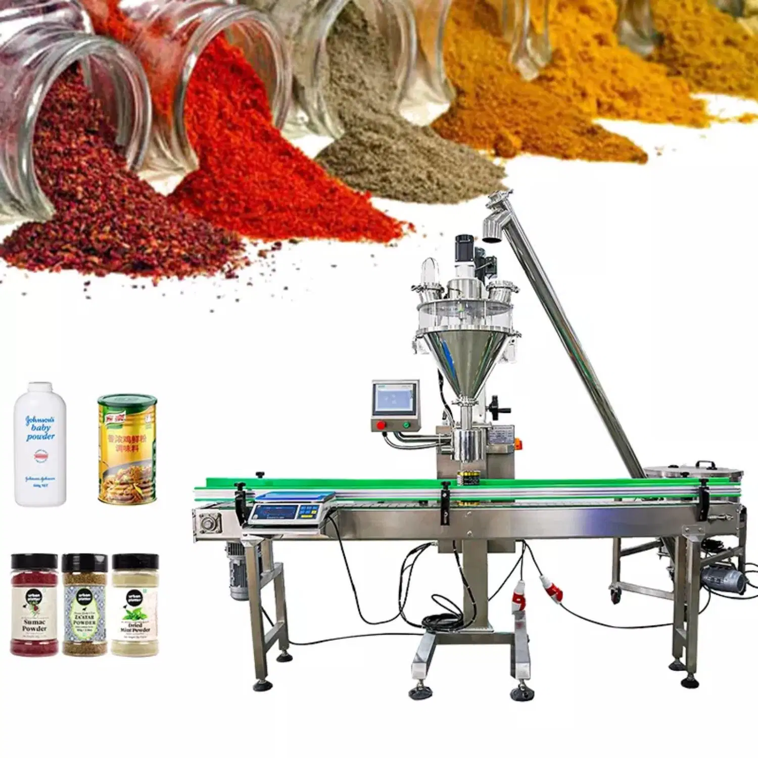 Automatische Produktionslinie Chili Pulver Granulat Gewürz Trocken Glas / Dose / Flasche Abfüllung/Versiegelung Verschließen Etikettierung Lebensmittelverpackung/Verpackungsmaschine