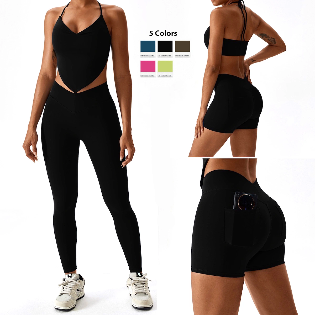 Großhandel Neue Fancy Backless Athletic Bekleidung mit Gesäßtaschen, Schnürung Workout BH + Scrunch Yoga Shorts + Running Leggings Damen Sommer Activewear-Sets