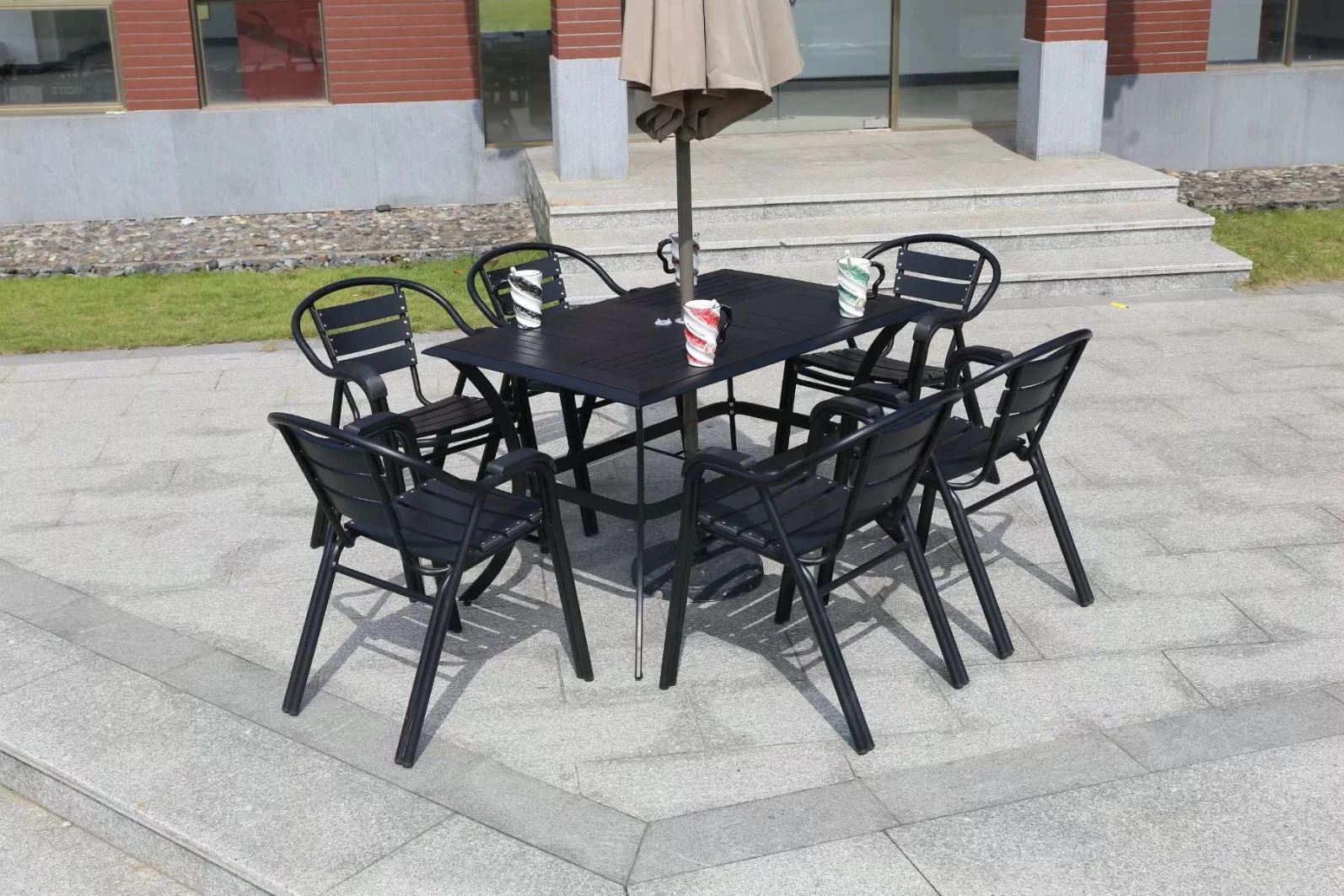 Mesa rectangular francesa Bistro y silla Restaurante moderno Patio comedor Set plástico Madera Top Jardín moderno Muebles al aire libre