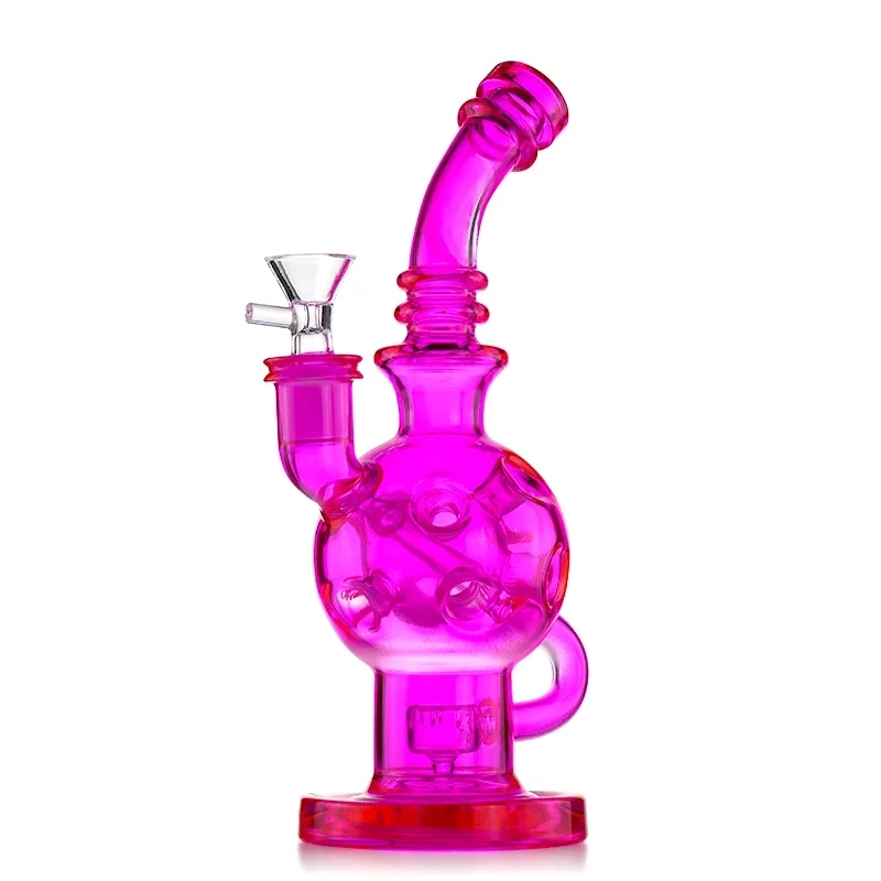 9.2 Inches Recycler Bent Type Hookah Pink Color Glass with Swiss Percolator and 14mm Female Joint