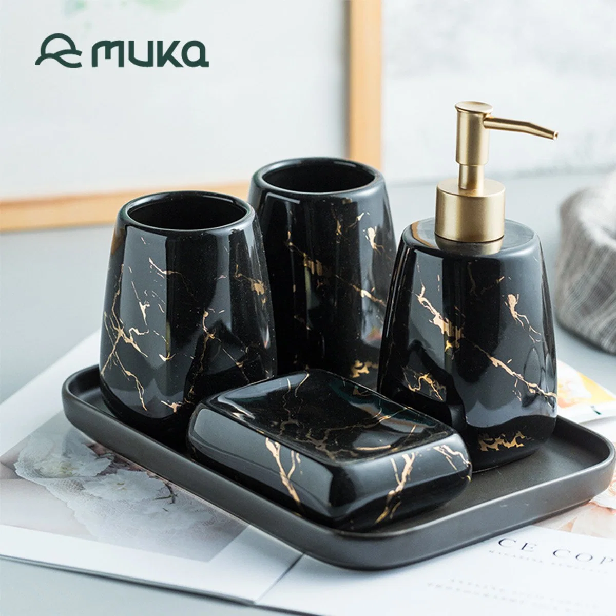 Ceramic Marble Golden Household Bathroom Appliances Dental Toothbrush Holder Wash Set Homestay Bathroom Supplies Accessories