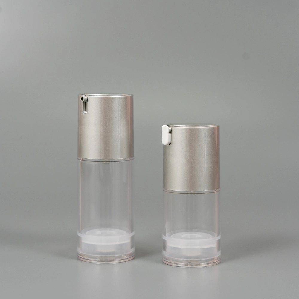 Stable 15ml Plastique de haute qualité de l'argent de l'emballage de produits cosmétiques pour les voyages aériens 30ml 50ml 80ml Matt Silver réutilisation Flacon à pompe airless avec le bouchon de fermeture