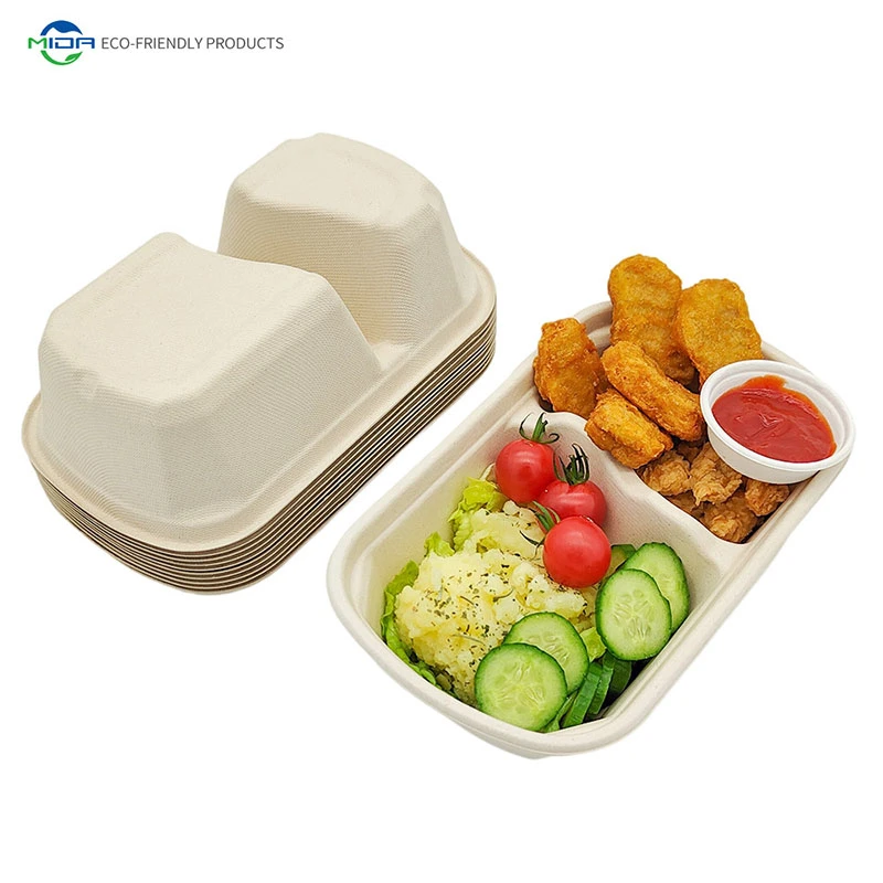 Restaurant Disposable Sugarcane Pulp Bagasse Dinnerware Tray Burger Box Dinner Set Lunch Box 2 Compartment Take Away Box Food Containers Tableware with Lids