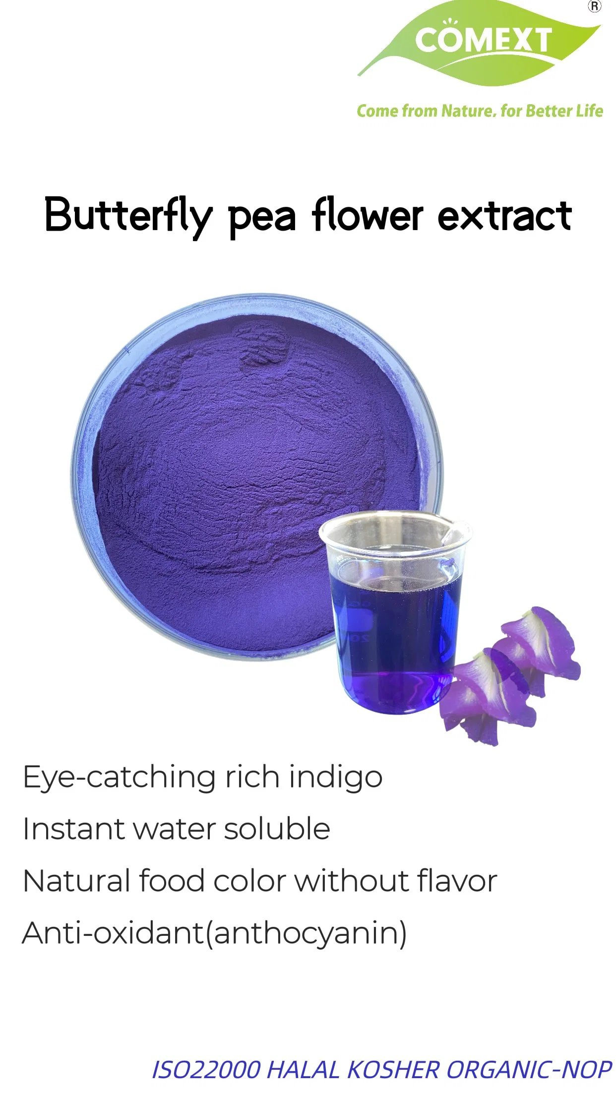 Comext Free Sample China Manufacturer Natural Water Soluble Blue Color Powder Food Pigment Additive 4: 1 Butterfly Pea Flower Extract for Beverage Ice Cream