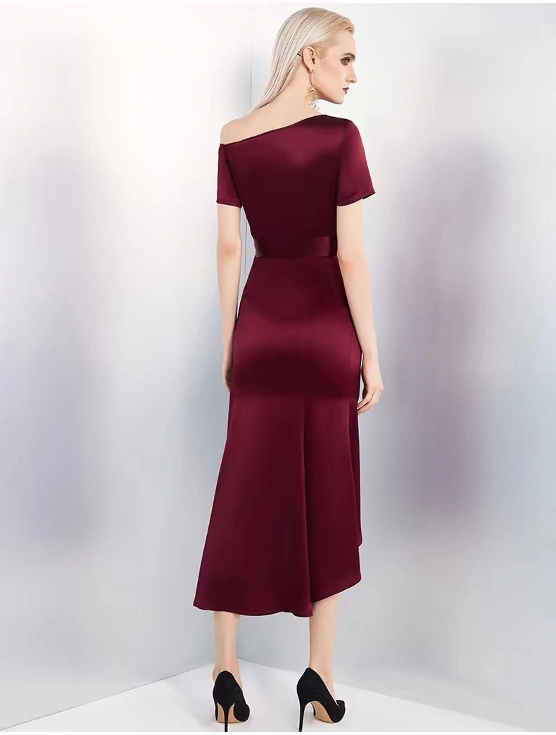 High quality/High cost performance Satin Sexy Woman Luxure Wine One- Shoulder Irregular Fashion Ladies Dress with Belt