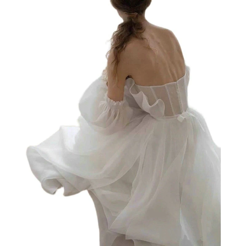 White Satin Tube Top French Long-Sleeved Wedding Dress Bride Wedding Dress