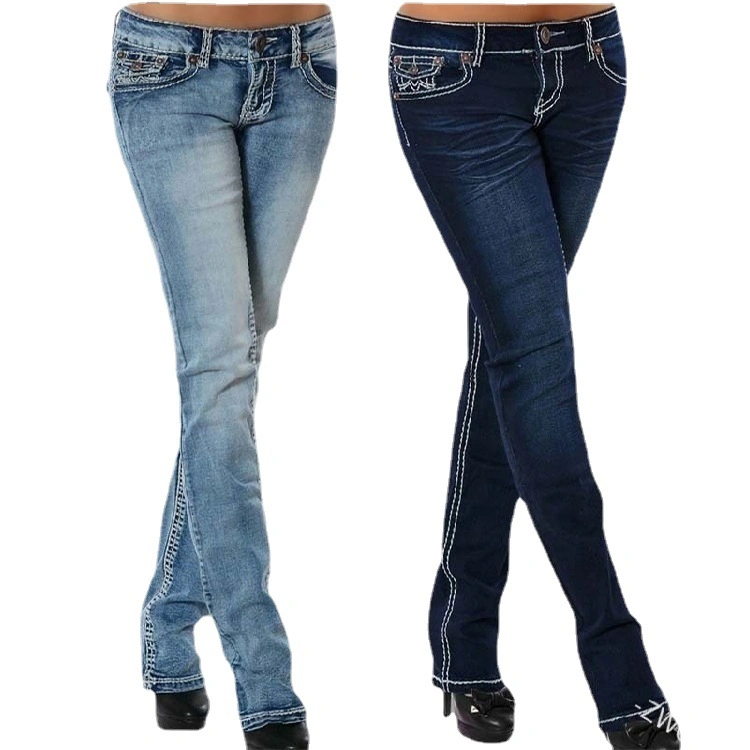 Grossista feminino Pocket Jeans lápis Stonewahsed Jeans calças