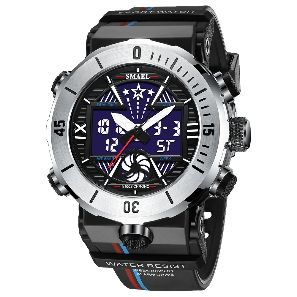 Silver New Alloy Sports Electronic Watch Men's Watch Multifunctional Waterproof Dual Display Electronic Watch Wholesale