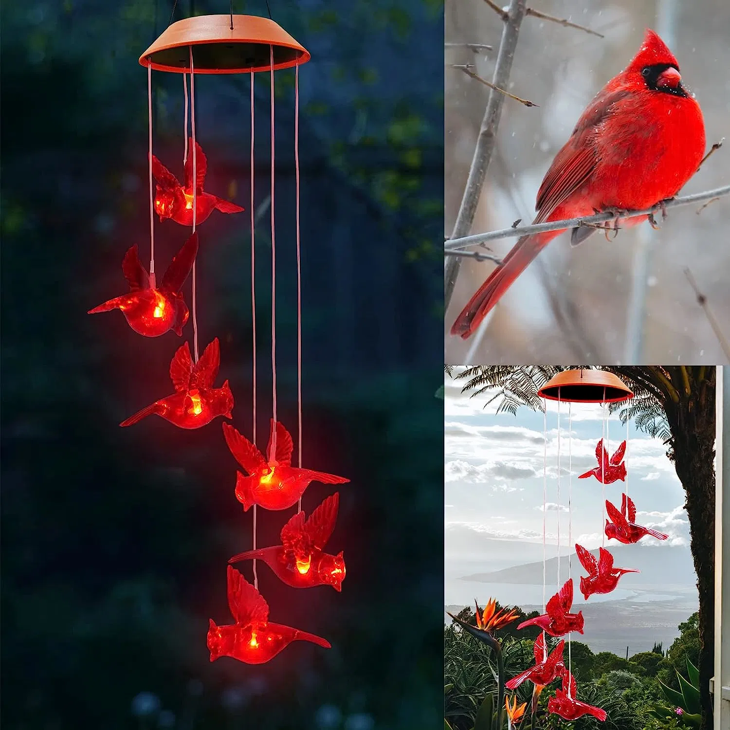 Cardinal Wind Chimes, Cardinal Bird Wind Chimes, Solar Powered Chime Light, Wind Chimes for Loss of Love, Hummingbird Decor for Patio, Deck, Yard, Garden, Home