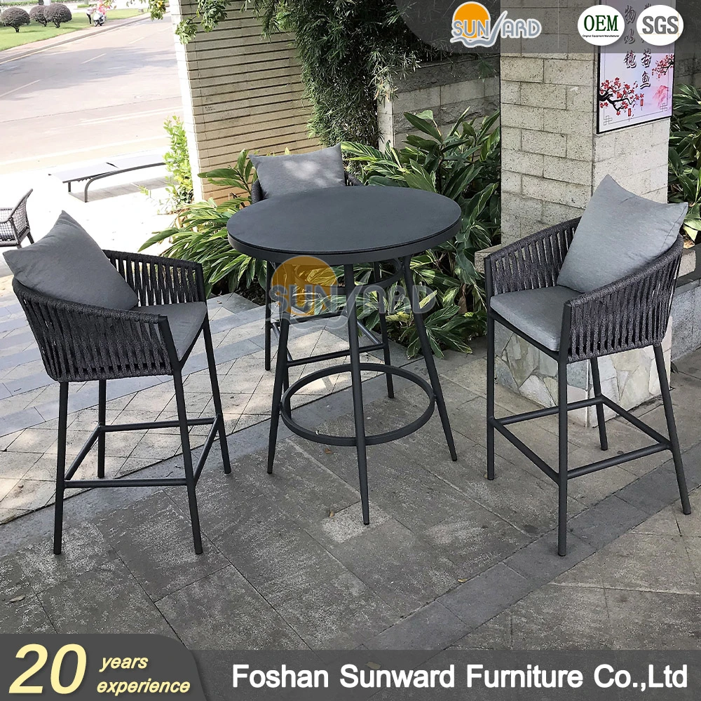 Customized Leisure Outdoor Garden Hotel Home Resort Villa Project Patio Modern Aluminum Rope Woven Bistro Pub Teak Bar Table and Chairs Set