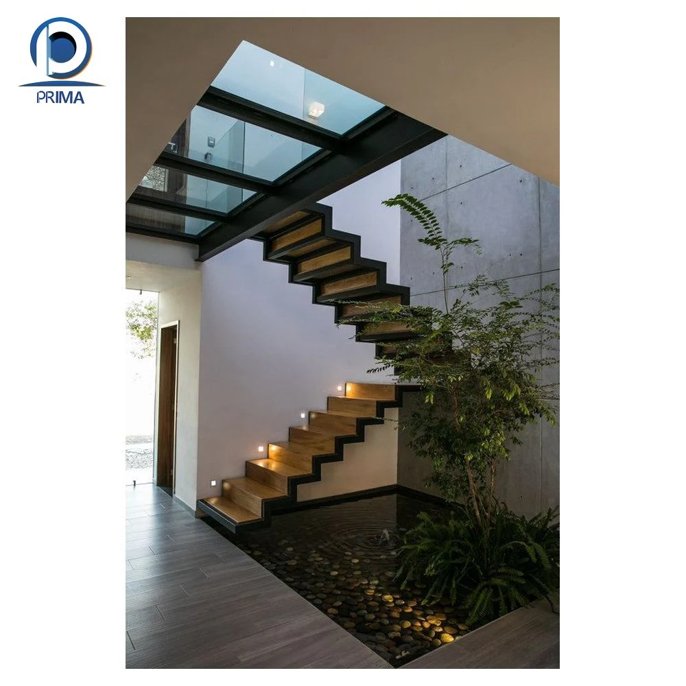 Prima China Products Invisible Steel Stringer Hot Sell Wooden Floating Staircase with Landing Hidden Cantilever Stairs Tempered Glass Panel Floating Stair